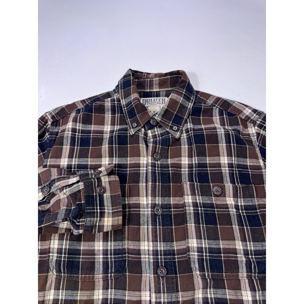 Duluth Trading Trim Fit Men's Medium Brown Plaid Flannel Shirt Gorpcore Cabin